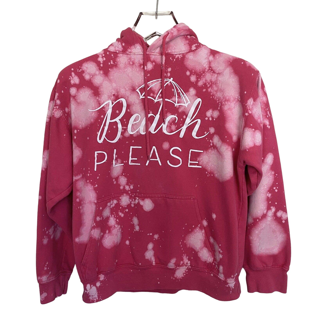 🌵 Beach Please Women's Hot Pink Upcycled Bleached Hoodie Sweatshirt - Medium